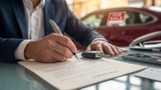 Person signing a car sale contract at a dealership with car keys and a for sale sign in the background