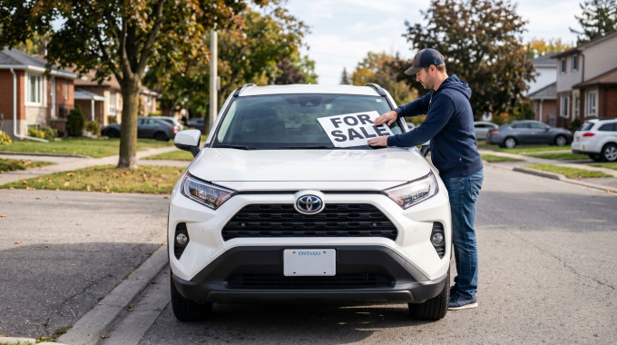 vehicle owner putting up a for sale sign on a vehicle