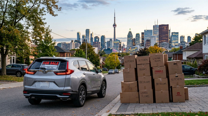 An SUV for sale with moving boxes next to it