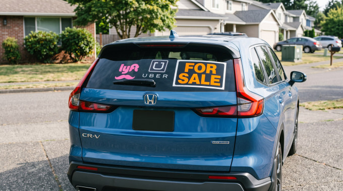 Hybrid SUV used for ride share with a for sale sign