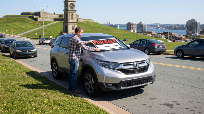 vehicle owner putting up a for sale sign on his car in halifax